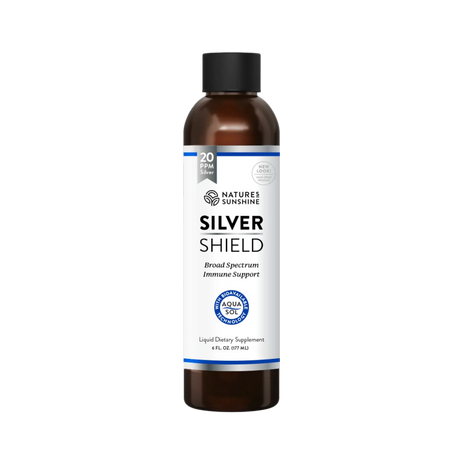 A 4 fl oz amber bottle of Nature's Sunshine Silver Shield liquid dietary supplement with a black cap and white label, shown on a plain white background.