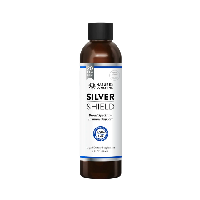A 4 fl oz amber bottle of Nature's Sunshine Silver Shield liquid dietary supplement with a black cap and white label, shown on a plain white background.