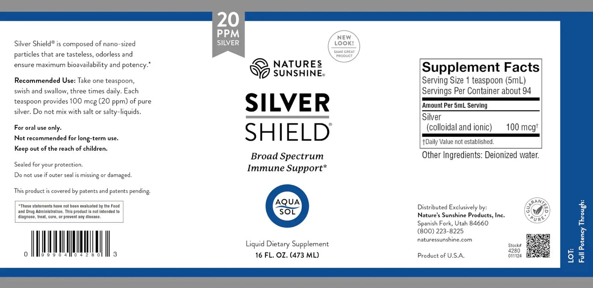 Natures Sunshine Silver Shield Broad Spectrum Immune Support liquid dietary supplement packaging, featuring a white and blue label with supplement facts and product details.
