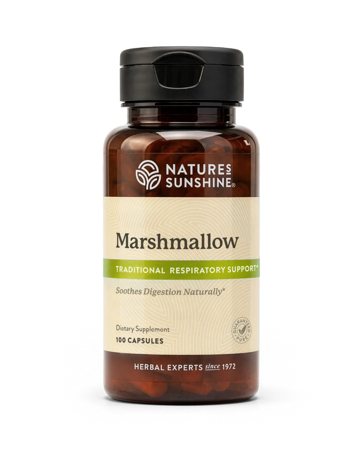 A bottle of Nature's Sunshine Marshmallow dietary supplement, containing 100 capsules, shown on a clean white background.