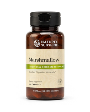 A bottle of Nature's Sunshine Marshmallow dietary supplement, containing 100 capsules, shown on a clean white background.
