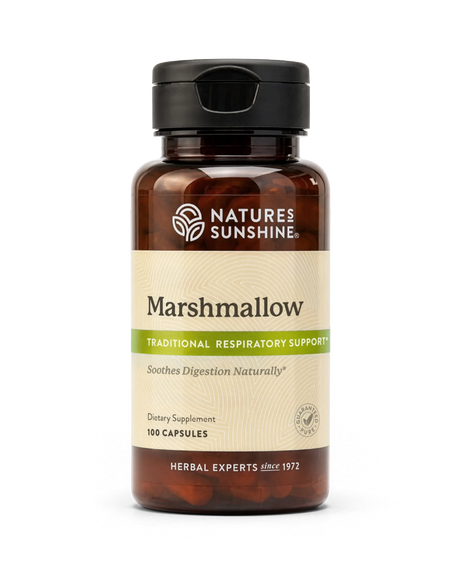 A bottle of Nature's Sunshine Marshmallow dietary supplement, containing 100 capsules, shown on a clean white background.