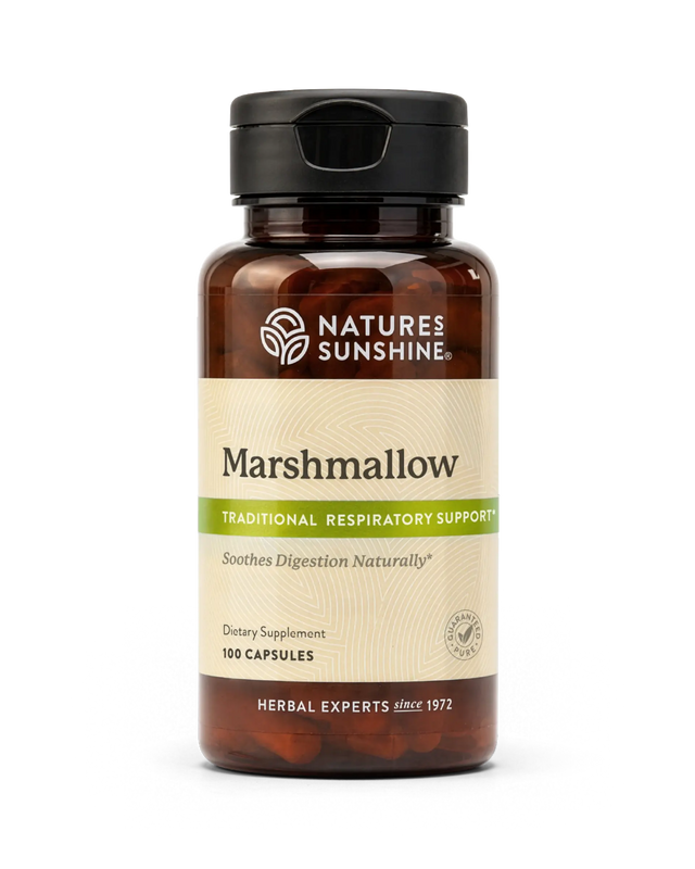 A bottle of Nature's Sunshine Marshmallow dietary supplement, containing 100 capsules, shown on a clean white background.