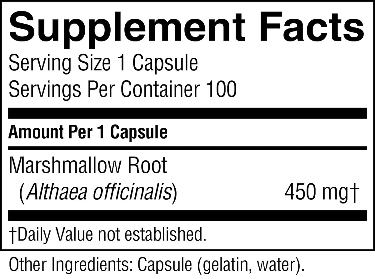 A Supplement Facts label showing a marshmallow root supplement. The label states 'Serving Size 1 Capsule', 'Servings Per Container 100', 'Amount Per 1 Capsule Marshmallow Root (Althaea officinalis) 450 mg', and 'Other Ingredients: Capsule (gelatin, water)'.