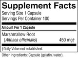 A Supplement Facts label showing a marshmallow root supplement. The label states 'Serving Size 1 Capsule', 'Servings Per Container 100', 'Amount Per 1 Capsule Marshmallow Root (Althaea officinalis) 450 mg', and 'Other Ingredients: Capsule (gelatin, water)'.