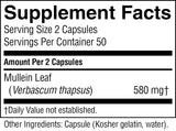 A Supplement Facts label showing product information for Mullein Leaf (Verbascum thapsus) at 580 mg, with serving size 2 capsules and 50 servings per container.