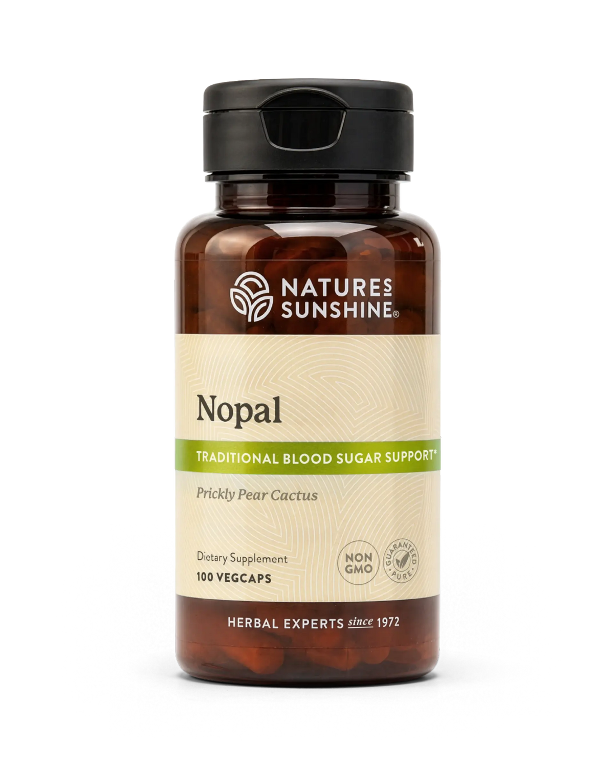 A bottle of Nature's Sunshine Hops dietary supplement with a black cap and amber-brown bottle, featuring a beige label with green accents, on a white background.