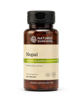 A bottle of Nature's Sunshine Hops dietary supplement with a black cap and amber-brown bottle, featuring a beige label with green accents, on a white background.