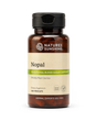 A bottle of Nature's Sunshine Hops dietary supplement with a black cap and amber-brown bottle, featuring a beige label with green accents, on a white background.