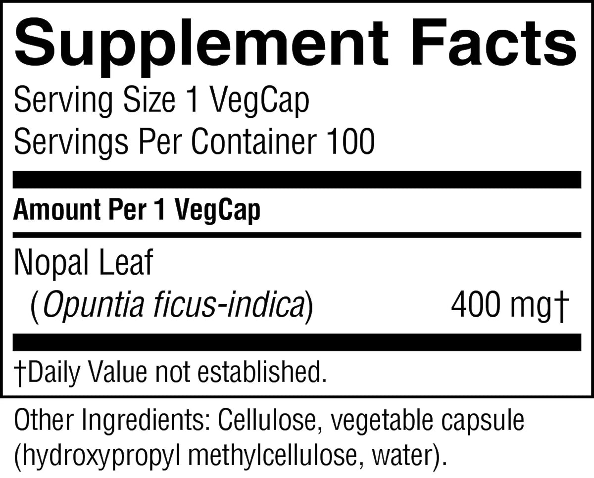 Supplement label with nopal leaf information and serving details.