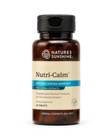 Nature's Sunshine Nutri-Calm Nervous System Support dietary supplement bottle with amber brown plastic, a black cap, and a beige label with blue accents, containing 60 tablets.