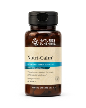 Nature's Sunshine Nutri-Calm Nervous System Support dietary supplement bottle with amber brown plastic, a black cap, and a beige label with blue accents, containing 60 tablets.