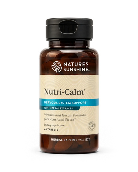 Nature's Sunshine Nutri-Calm Nervous System Support dietary supplement bottle with amber brown plastic, a black cap, and a beige label with blue accents, containing 60 tablets.