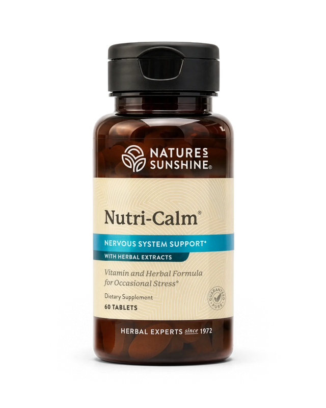 Nature's Sunshine Nutri-Calm Nervous System Support dietary supplement bottle with amber brown plastic, a black cap, and a beige label with blue accents, containing 60 tablets.