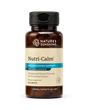 Nature's Sunshine Nutri-Calm Nervous System Support dietary supplement bottle with amber brown plastic, a black cap, and a beige label with blue accents, containing 60 tablets.