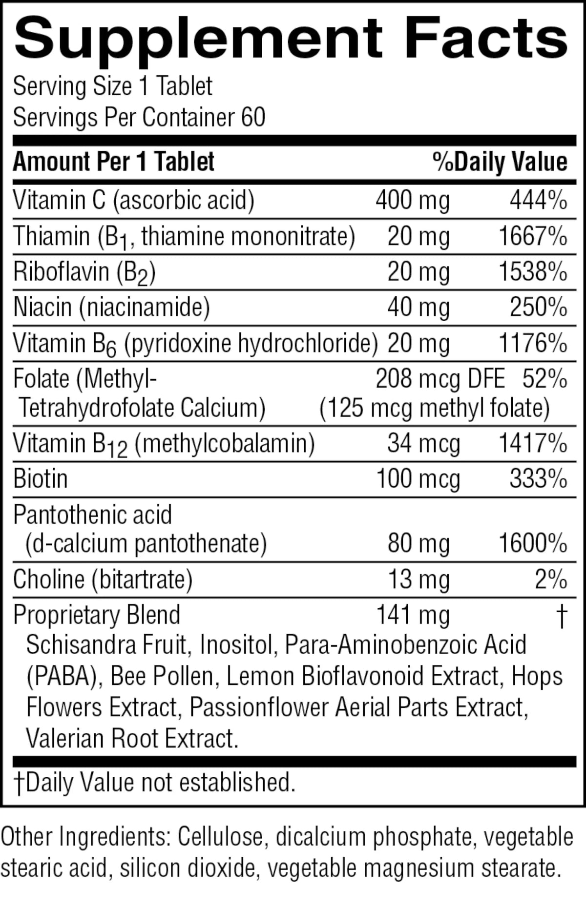 A black-and-white Supplement Facts label showing a daily value nutrition table with vitamins and other ingredients listed in mg and % daily value, plus a small section of other ingredients at the bottom.