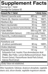 A black-and-white Supplement Facts label showing a daily value nutrition table with vitamins and other ingredients listed in mg and % daily value, plus a small section of other ingredients at the bottom.