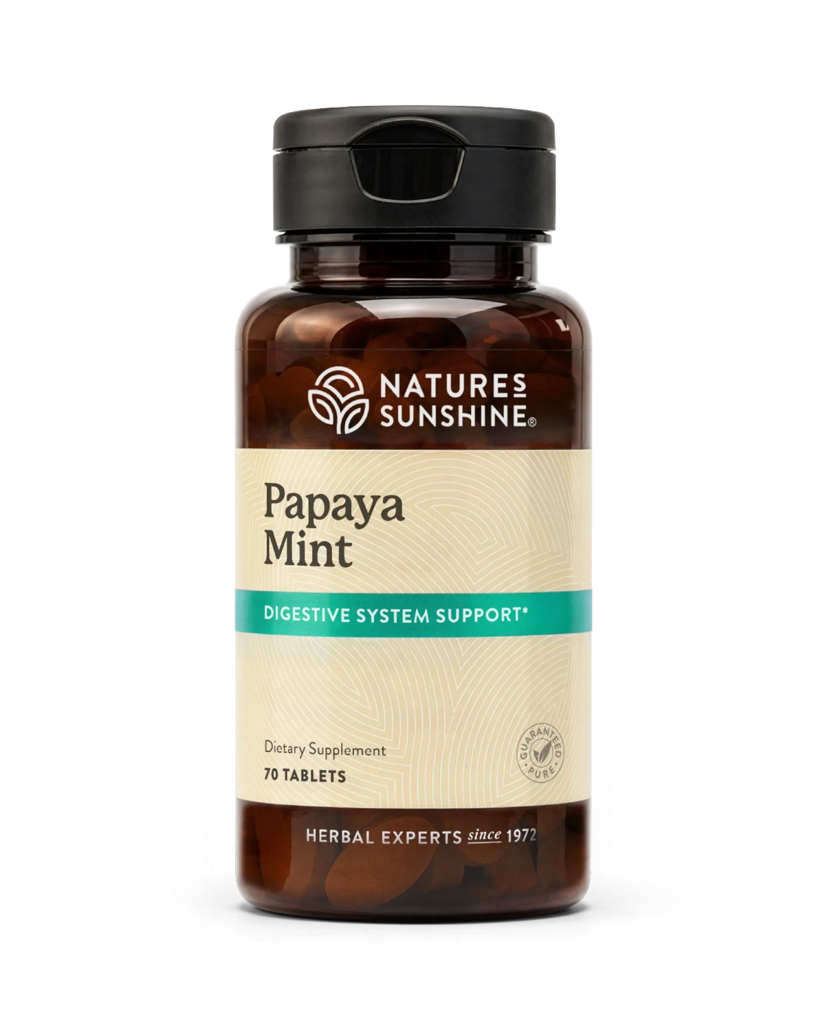 Nature's Sunshine Papaya Mint Digestive System Support dietary supplement bottle with 70 tablets, shown on a clean white background.