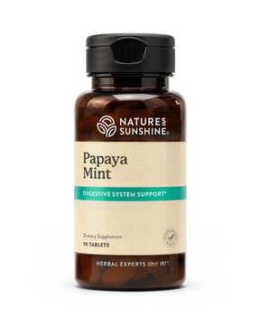 Nature's Sunshine Papaya Mint Digestive System Support dietary supplement bottle with 70 tablets, shown on a clean white background.