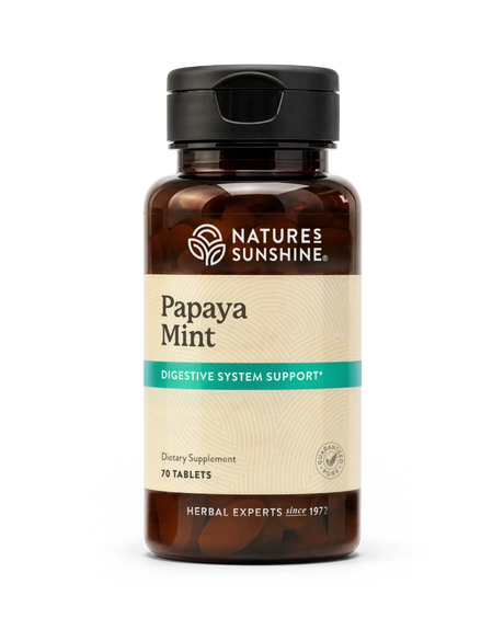 Nature's Sunshine Papaya Mint Digestive System Support dietary supplement bottle with 70 tablets, shown on a clean white background.