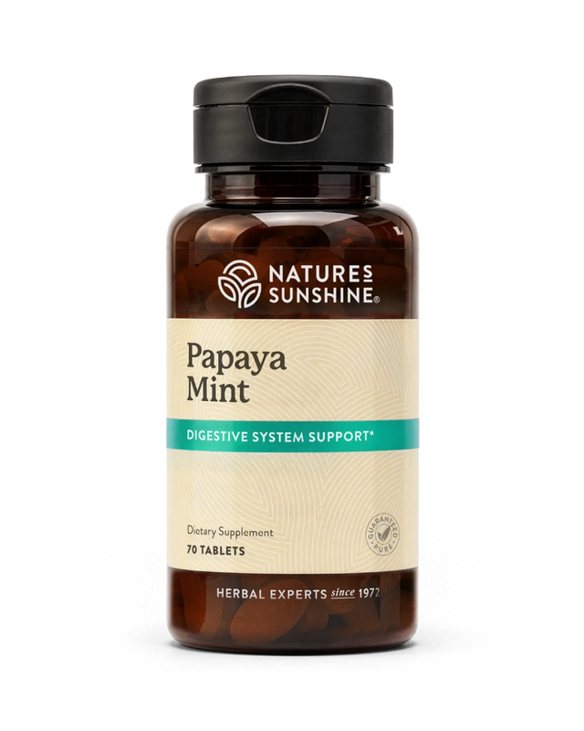 Nature's Sunshine Papaya Mint Digestive System Support dietary supplement bottle with 70 tablets, shown on a clean white background.
