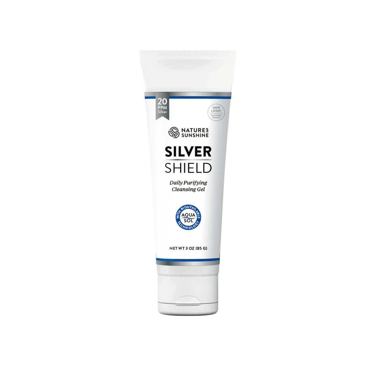 A 3 oz squeeze tube of Nature's Sunshine Silver Shield Daily Purifying Cleansing Gel, featuring a white tube with blue and black text, set against a plain white background.