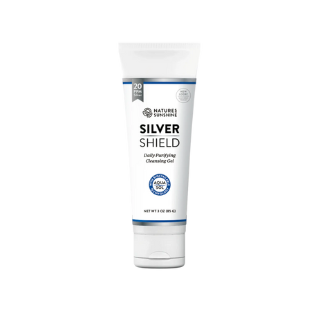 A 3 oz squeeze tube of Nature's Sunshine Silver Shield Daily Purifying Cleansing Gel, featuring a white tube with blue and black text, set against a plain white background.
