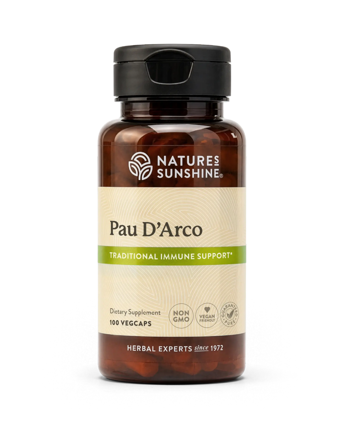 A bottle of Nature's Sunshine Pau D'Arco dietary supplement containing 100 vegcaps, shown on a clean white background.