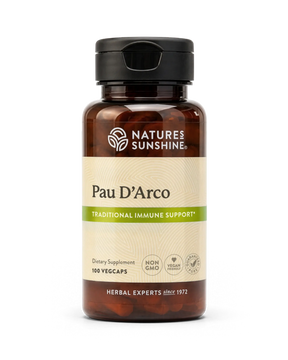 A bottle of Nature's Sunshine Pau D'Arco dietary supplement containing 100 vegcaps, shown on a clean white background.
