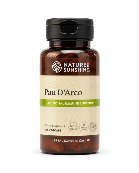 A bottle of Nature's Sunshine Pau D'Arco dietary supplement containing 100 vegcaps, shown on a clean white background.