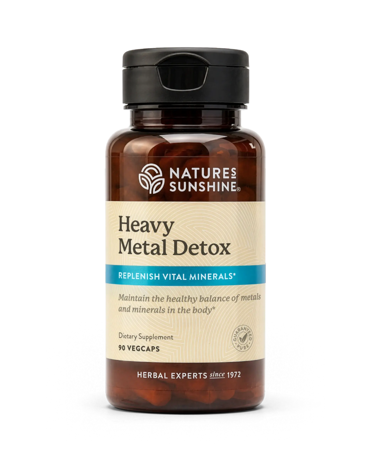 A bottle of Nature's Sunshine Heavy Metal Detox dietary supplement, containing 90 vegcaps, shown on a clean white background.