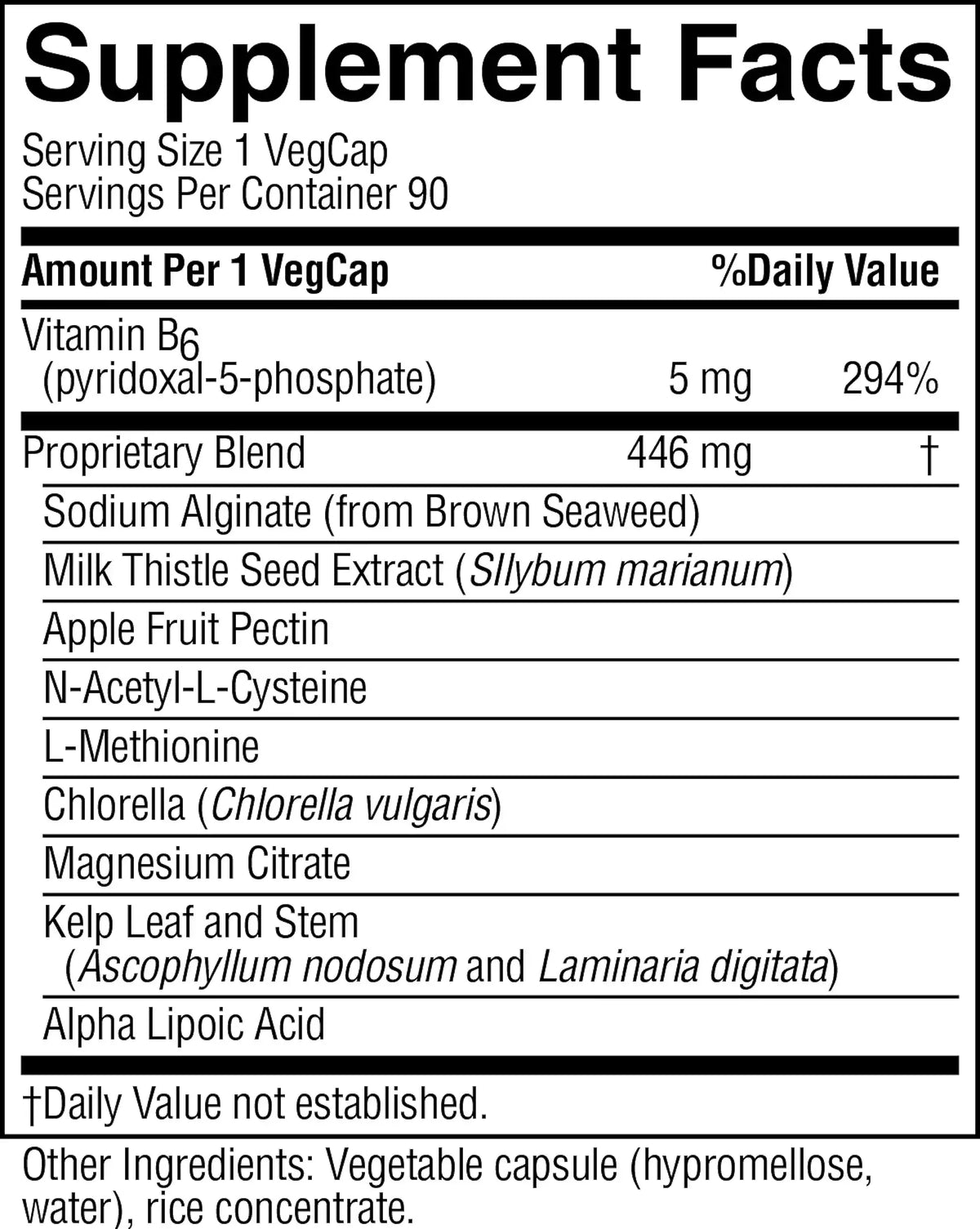 A close-up of a supplement facts label for VegCap, showing the Supplement Facts panel with serving size, daily value percentages, and a list of ingredients including Vitamin B6, Proprietary Blend, Sodium Alginate, Milk Thistle Seed Extract, Apple Fruit Pectin, N-Acetyl-L-Cysteine, L-Methionine, Chlorella, Magnesium Citrate, Kelp Leaf and Stem, and Alpha Lipoic Acid.