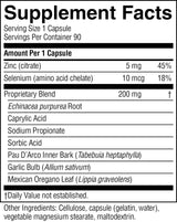 A black and white Supplement Facts label showing the nutrition facts for a dietary supplement. The label lists serving size as 1 capsule, with amounts per capsule for zinc citrate, selenium (amino acid chelate), and a proprietary blend.