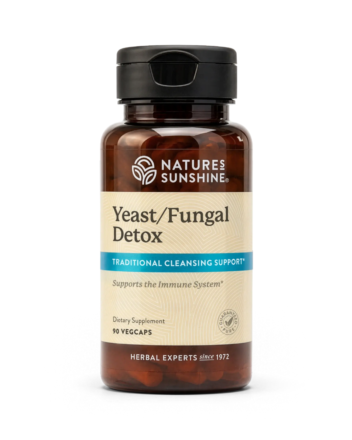 A bottle of Natures Sunshine Yeast/Fungal Detox dietary supplement with amber brown plastic and a black flip-top cap, shown on a plain white background.