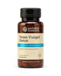 A bottle of Natures Sunshine Yeast/Fungal Detox dietary supplement with amber brown plastic and a black flip-top cap, shown on a plain white background.
