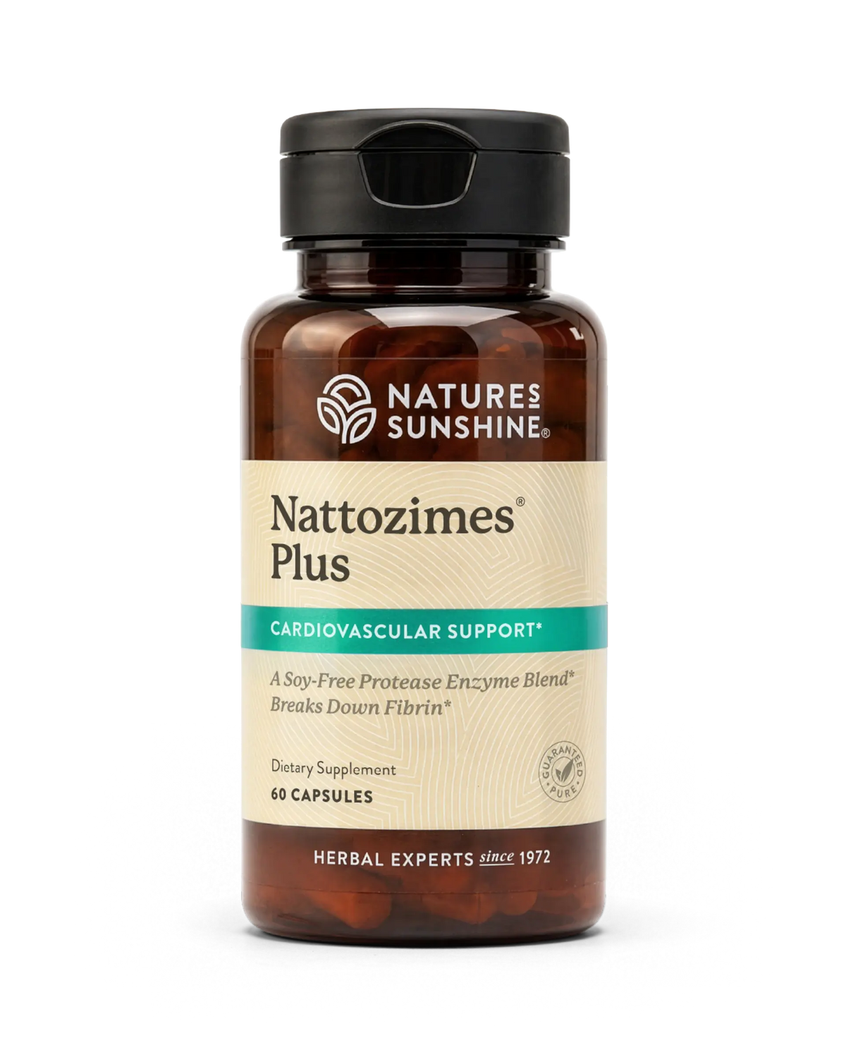 A bottle of Nature's Sunshine Nattozimes Plus dietary supplement, featuring an amber brown bottle, a black cap, and a beige label with a teal banner, set against a plain white background.