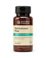 A bottle of Nature's Sunshine Nattozimes Plus dietary supplement, featuring an amber brown bottle, a black cap, and a beige label with a teal banner, set against a plain white background.