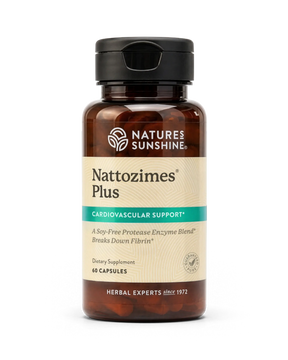 A bottle of Nature's Sunshine Nattozimes Plus dietary supplement, featuring an amber brown bottle, a black cap, and a beige label with a teal banner, set against a plain white background.