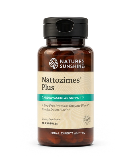 A bottle of Nature's Sunshine Nattozimes Plus dietary supplement, featuring an amber brown bottle, a black cap, and a beige label with a teal banner, set against a plain white background.