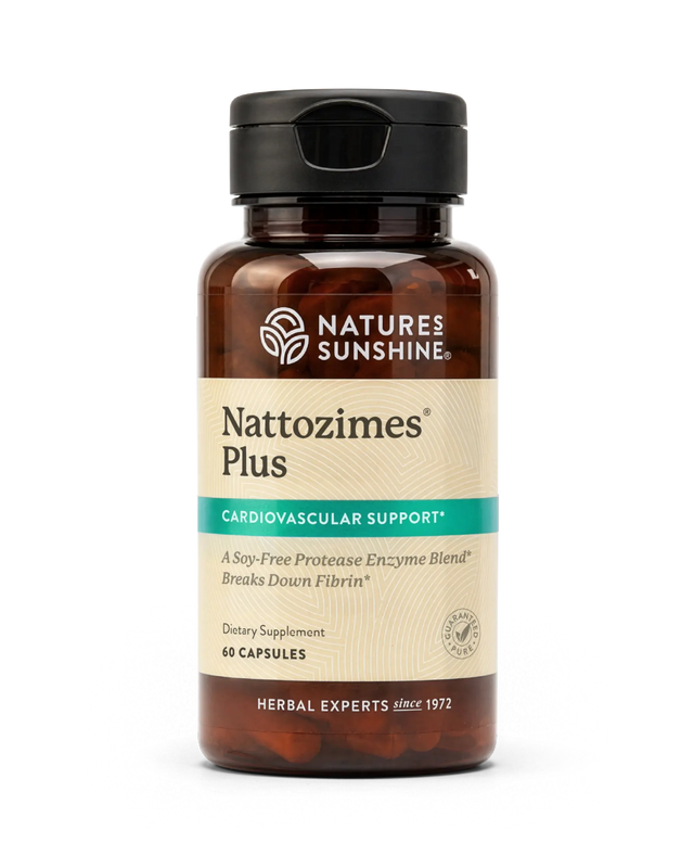 A bottle of Nature's Sunshine Nattozimes Plus dietary supplement, featuring an amber brown bottle, a black cap, and a beige label with a teal banner, set against a plain white background.