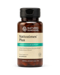 A bottle of Nature's Sunshine Nattozimes Plus dietary supplement, featuring an amber brown bottle, a black cap, and a beige label with a teal banner, set against a plain white background.