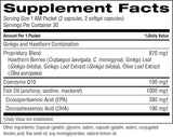 A close-up of a supplement facts label showing the 'Ginkgo and Hawthorn Combination' blend with listed ingredients and dosages on a black background.