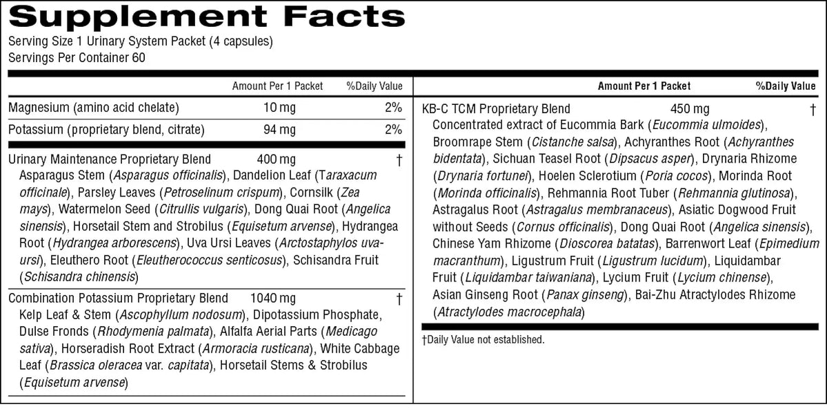 A black and white supplement facts table showing daily value information for a urinary support system packet, including ingredients like magnesium, potassium, and herbal extracts from Eucalyptus, Parsley, and Ginkgo.