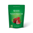 A green stand-up pouch of Nature's Sweet Life herbal xylitol sweetener by Nature's Sunshine, featuring an illustration of three strawberries on the front, set against a plain white background.