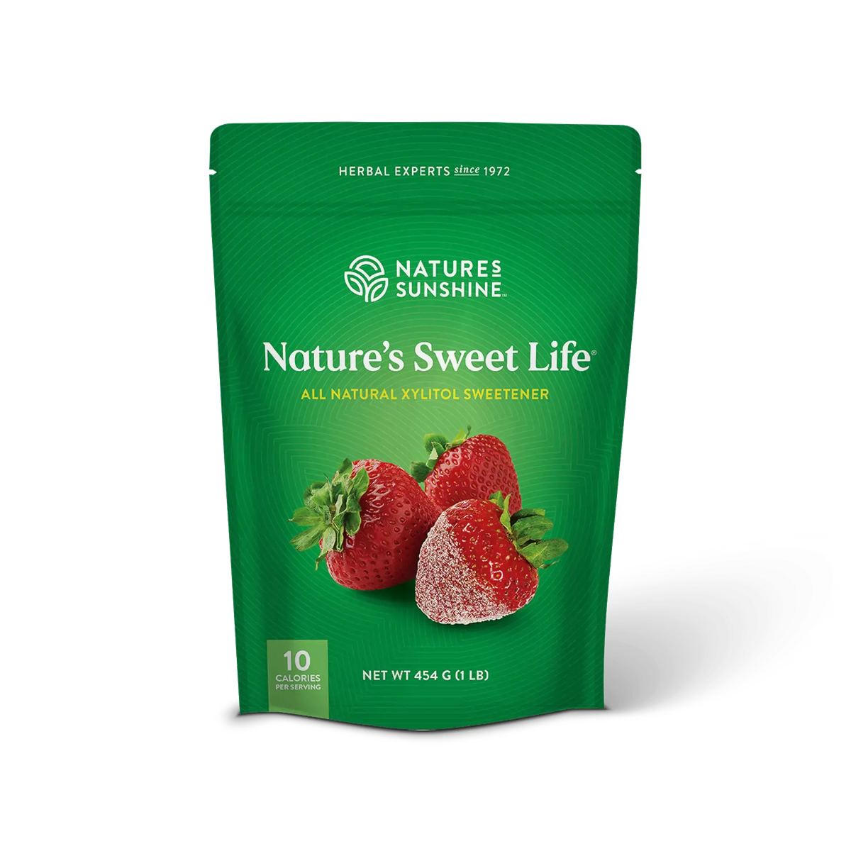 A green stand-up pouch of Nature's Sweet Life herbal xylitol sweetener by Nature's Sunshine, featuring an illustration of three strawberries on the front, set against a plain white background.