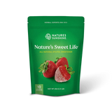 A green stand-up pouch of Nature's Sweet Life herbal xylitol sweetener by Nature's Sunshine, featuring an illustration of three strawberries on the front, set against a plain white background.