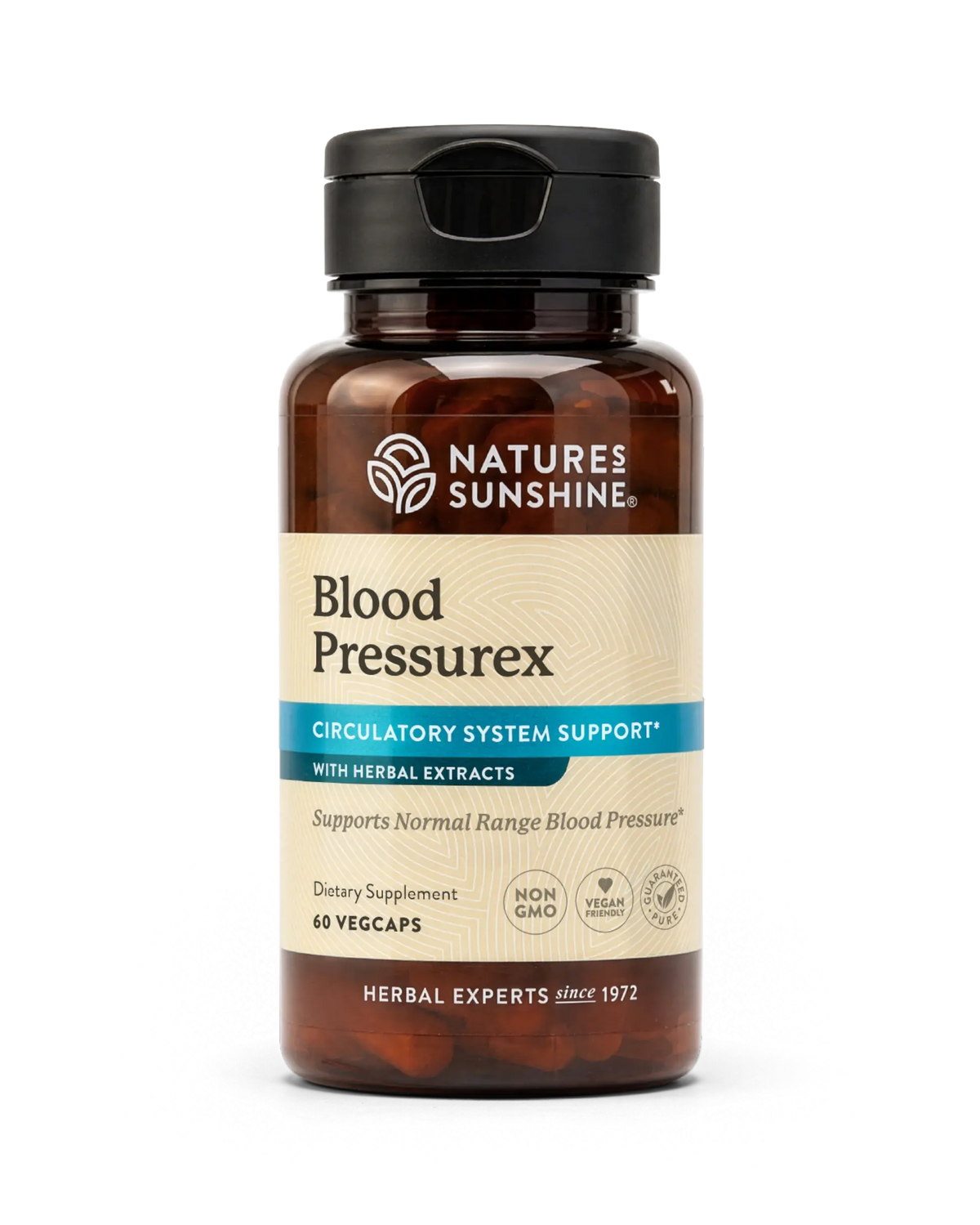 A bottle of Nature's Sunshine Blood Pressurex dietary supplement with amber brown plastic and a black cap, shown on a clean white background.