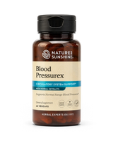 A bottle of Nature's Sunshine Blood Pressurex dietary supplement with amber brown plastic and a black cap, shown on a clean white background.