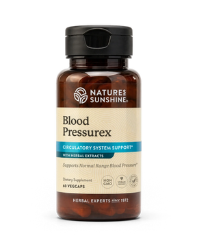 A bottle of Nature's Sunshine Blood Pressurex dietary supplement with amber brown plastic and a black cap, shown on a clean white background.