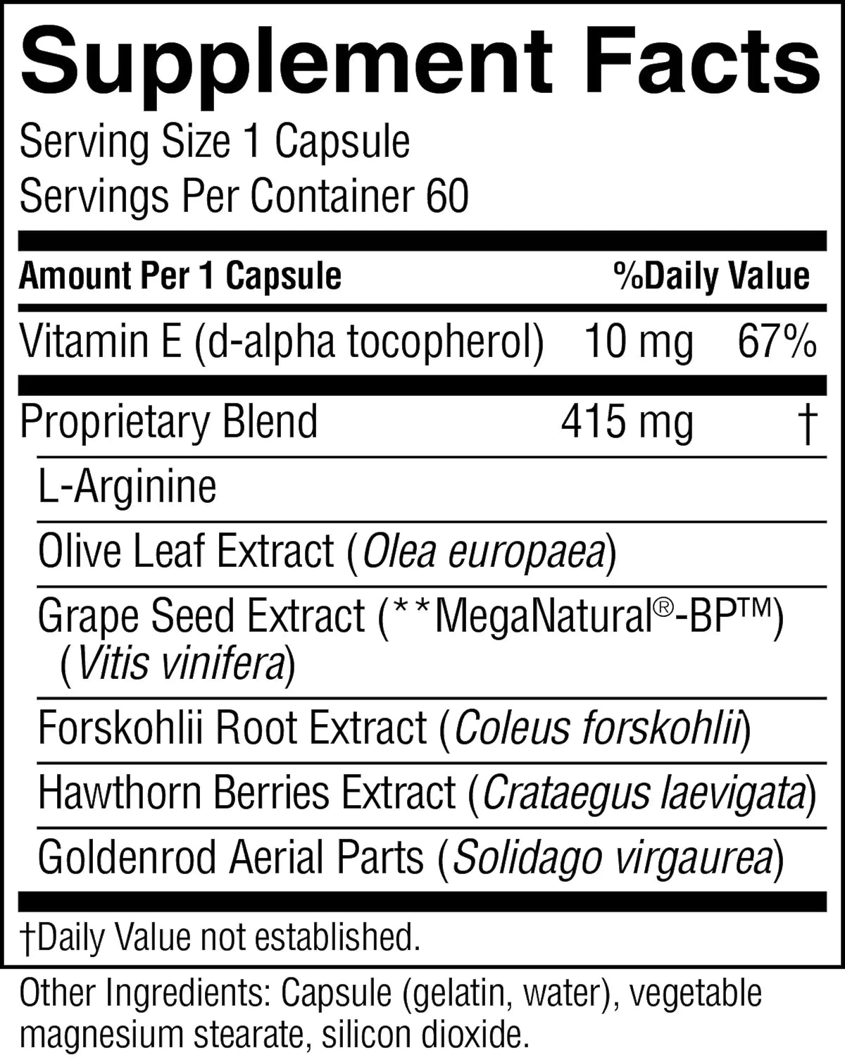 A close-up of a supplement facts label showing a serving size of 1 capsule, 60 servings per container, and a list of ingredients including Vitamin E, Proprietary Blend, L-Arginine, Olive Leaf Extract, Grape Seed Extract, Forskohlii Root Extract, Hawthorn Berries Extract, and Goldenrod Aerial Parts.